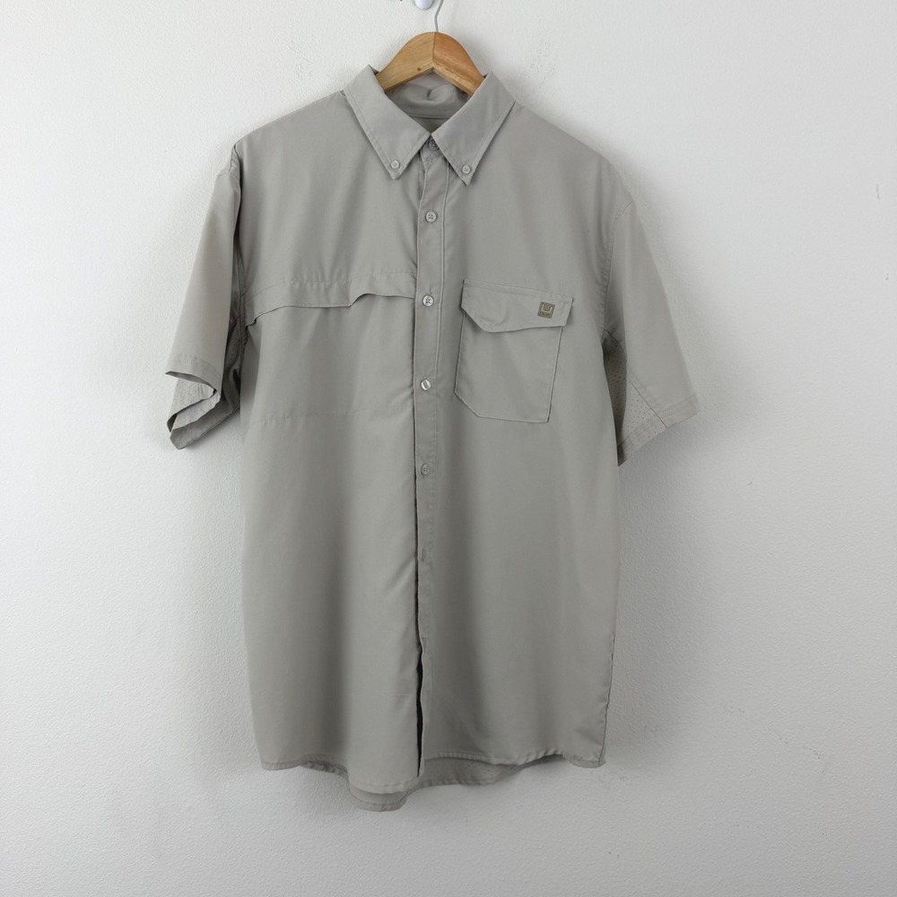 Gorpcore HUK Mens Short Sleeve Button Down Fishing Hiking Shirt Gray Beige